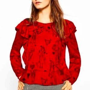 Zara Trafaluc Womens Top XS Red Anime Cartoon Drawings Print Ruffle Long Sleeve